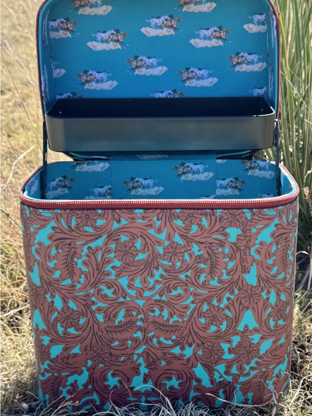 Turquoise and Brown Floral-Print Cosmetic Train Case with Top Handle - Picture 2 of 3